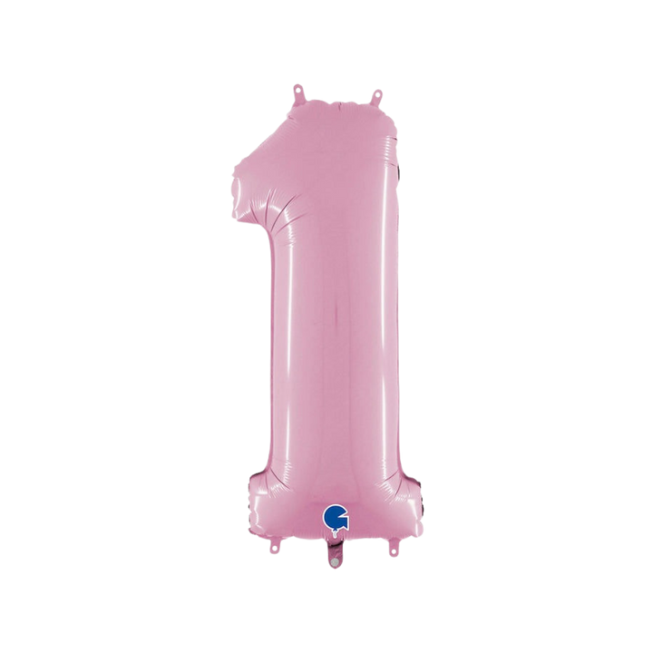 Pastel pink 26in midsize number 1 foil balloon for birthday and milestone parties – from Parte Haus party supply store in Bethesda, MD.