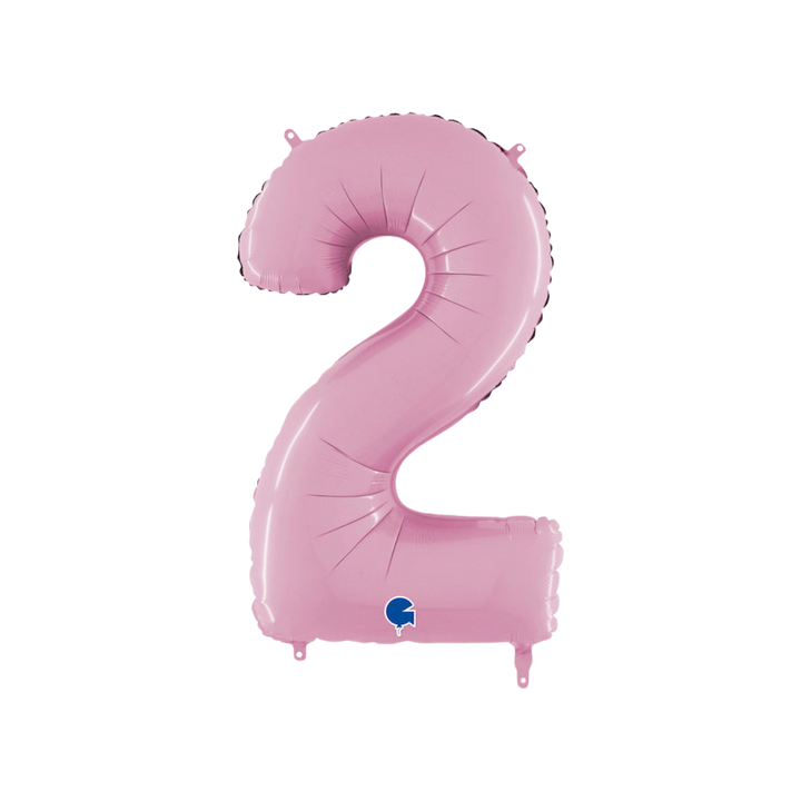 Pastel pink 26in midsize number 2 foil balloon for birthday and milestone parties – from Parte Haus party supply store in Bethesda, Maryland.