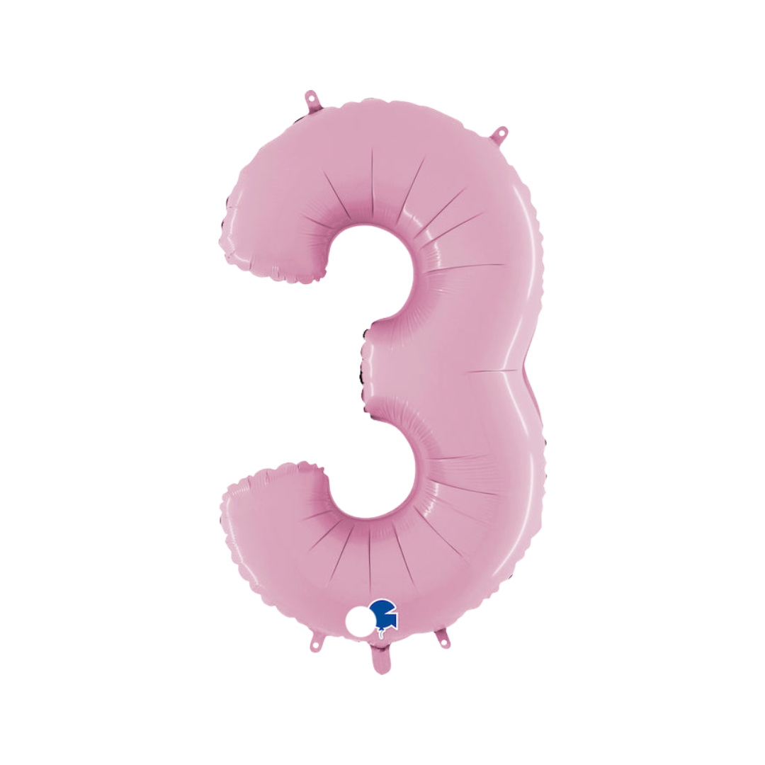 Pastel pink 26in midsize number 3 foil balloon for birthday and milestone parties – from Parte Haus party supply store in Bethesda, MD.