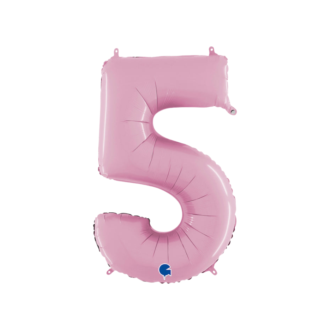 Pastel pink 26in midsize number 5 foil balloon for birthday and milestone parties – from Parte Haus party supply store in Bethesda, MD.