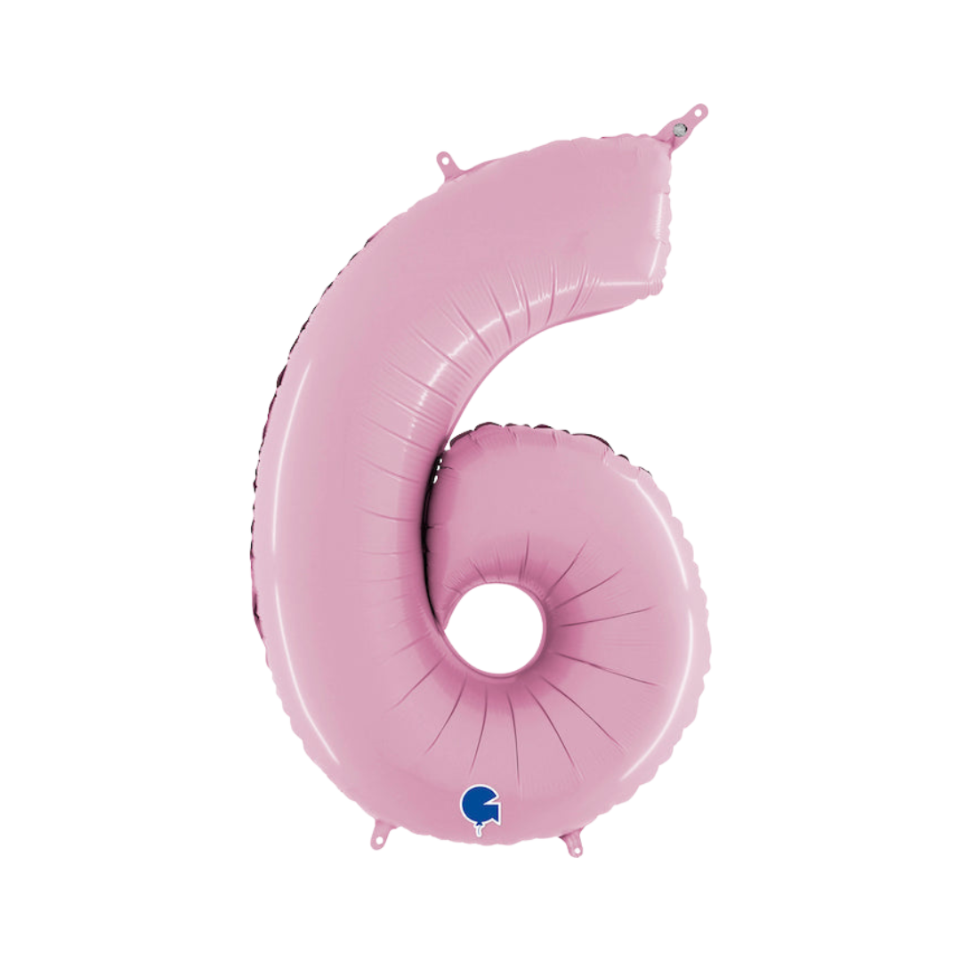Pastel pink 26in midsize number 6 foil balloon for birthday and milestone parties – from Parte Haus party supply store in Bethesda, Maryland.
