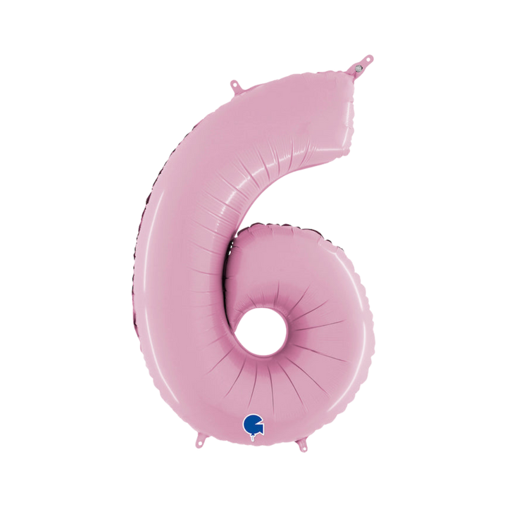 Pastel pink 26in midsize number 6 foil balloon for birthday and milestone parties – from Parte Haus party supply store in Bethesda, Maryland.
