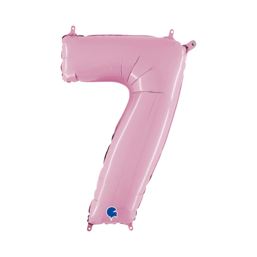 Pastel pink 26in midsize number 7 foil balloon for birthday and milestone parties – from Parte Haus party supply store in Bethesda, MD.