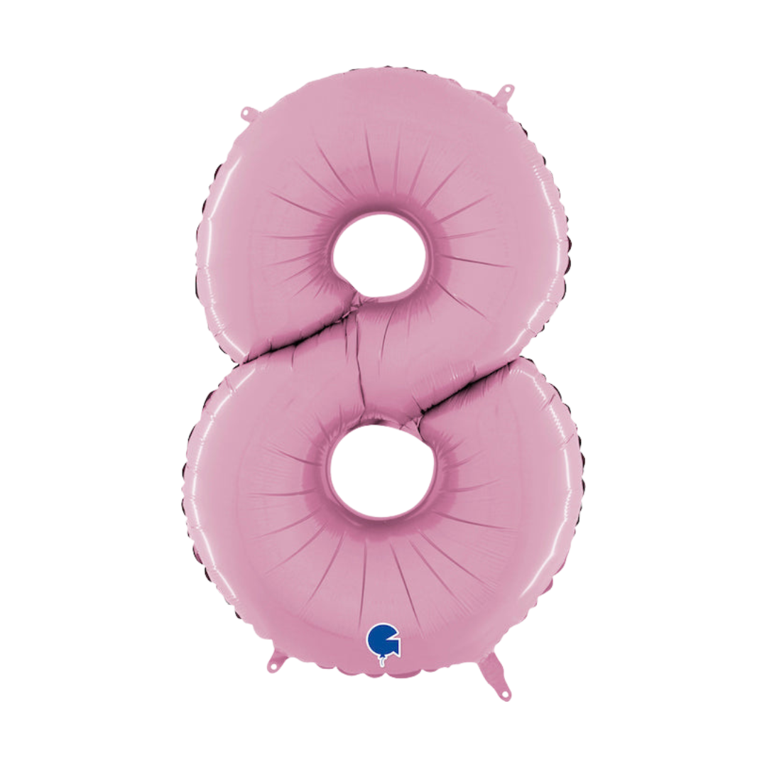 Pastel pink 26in midsize number 8 foil balloon for birthday and milestone parties – from Parte Haus party supply store in Bethesda, Maryland.