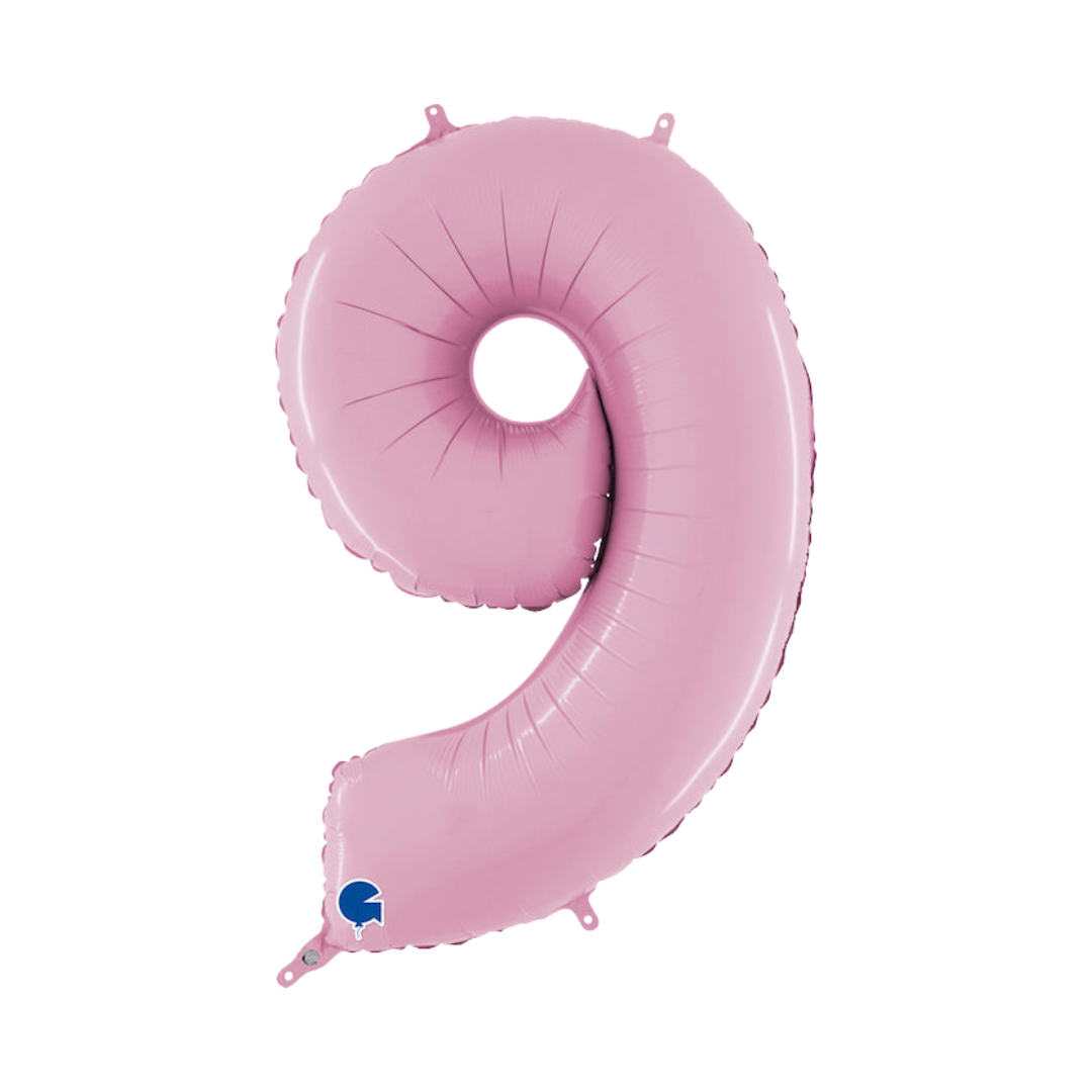 Pastel pink 26in midsize number 9 foil balloon for birthday and milestone parties – from Parte Haus party supply store in Bethesda, MD.