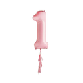 Pastel pink number 1 foil balloon with tassels for birthday milestone from Parte Haus party supply store in Bethesda MD