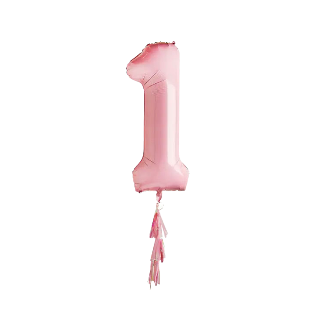 Pastel pink number 1 foil balloon with tassels for birthday milestone from Parte Haus party supply store in Bethesda MD