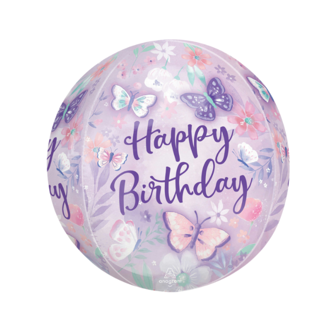 Pastel purple butterfly 16in orbz birthday balloon with floral design – from Parte Haus party supply store in Bethesda, MD.