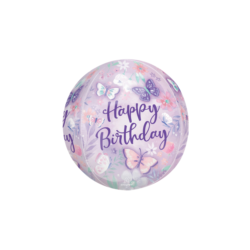 Pastel purple orbz balloon with butterfly and floral birthday design from Parte Haus party supply store in Bethesda MD
