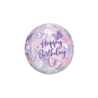 Pastel purple orbz balloon with butterfly and floral birthday design from Parte Haus party supply store in Bethesda MD