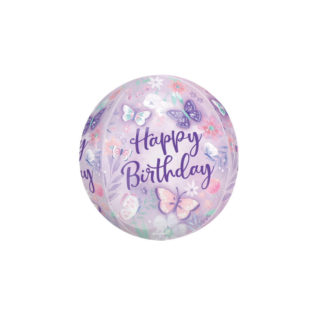 Pastel purple orbz balloon with butterfly and floral birthday design from Parte Haus party supply store in Bethesda MD