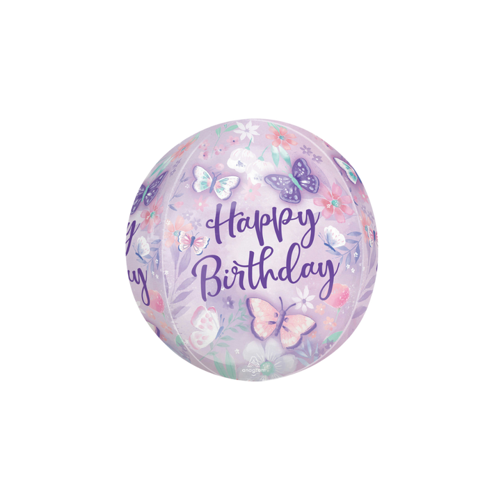 Pastel purple butterfly 16in orbz balloon for birthday celebrations and garden party themes – from Parte Haus party supply store in Bethesda, Maryland.