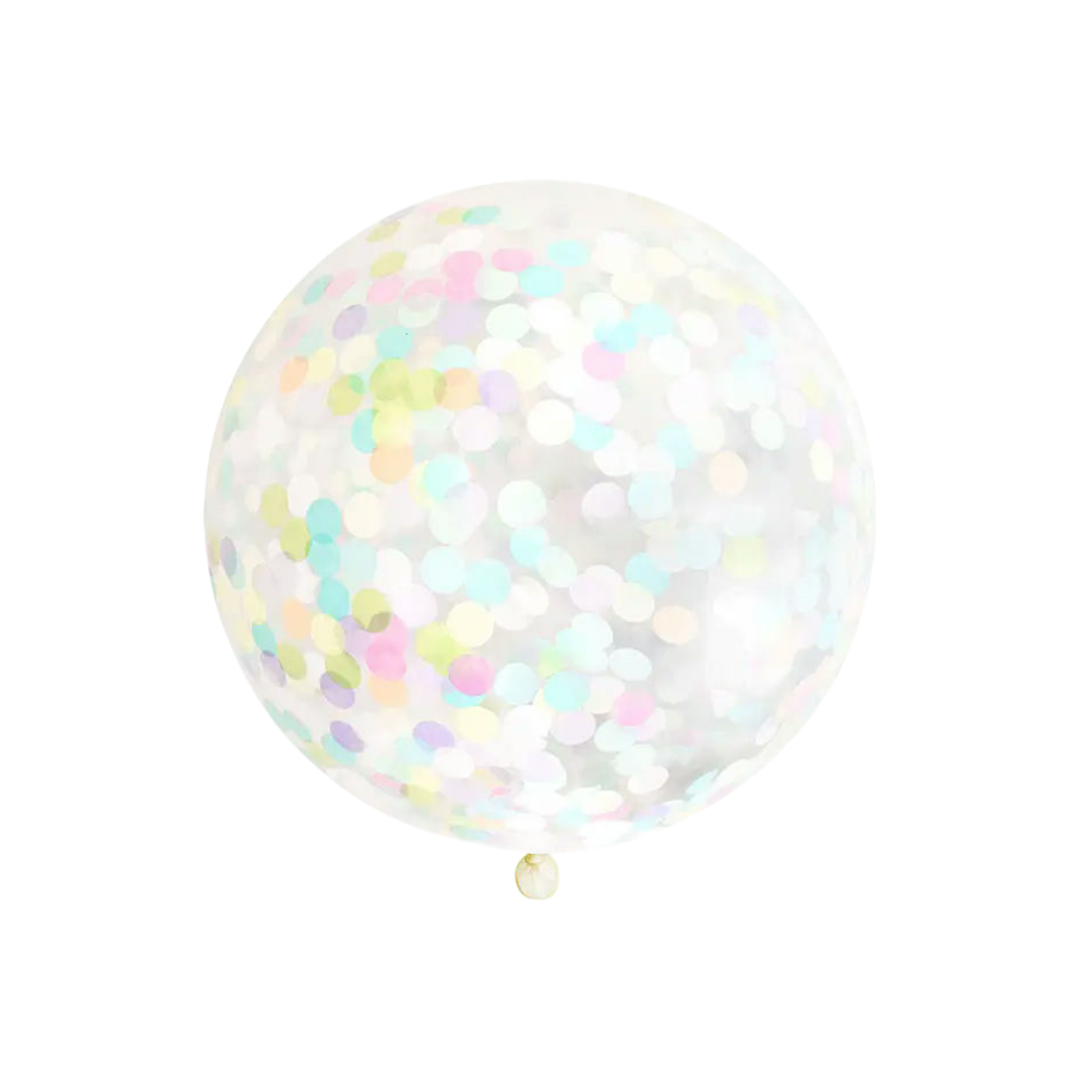 Pastel rainbow 36in confetti balloon with large translucent sphere — from Parte Haus party supply store in Bethesda, Maryland.