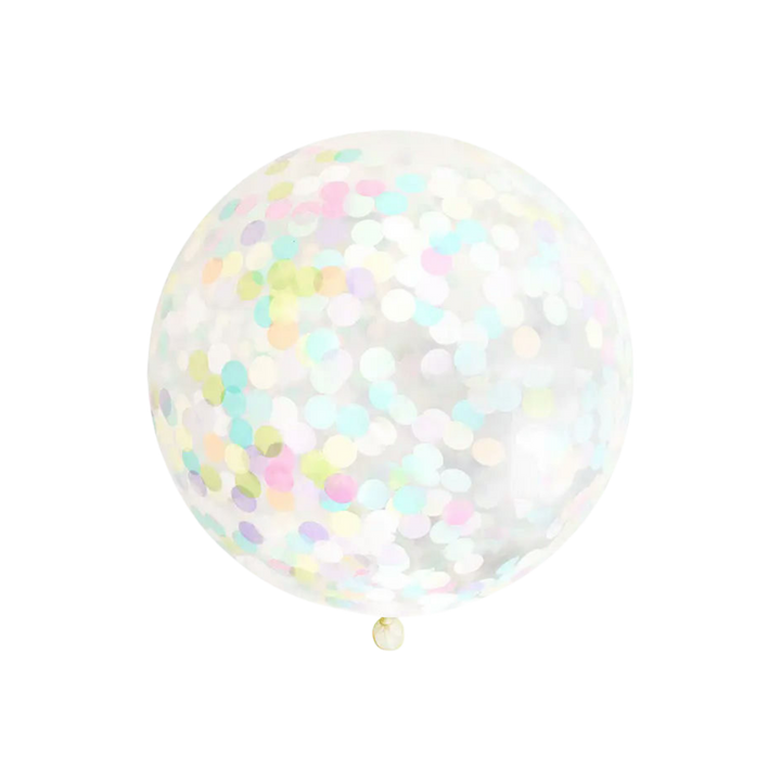 Pastel rainbow 36in confetti balloon with large translucent sphere — from Parte Haus party supply store in Bethesda, Maryland.
