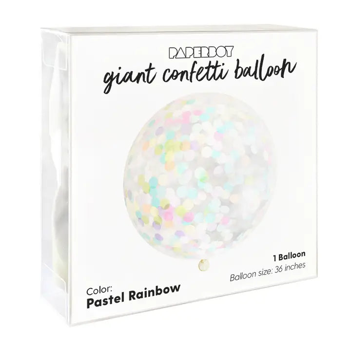 Pastel rainbow confetti balloon with clear packaging birthday celebration from Parte Haus party supply store in Bethesda Maryland