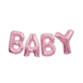 pink foil balloon banner spelling BABY baby shower decoration from Parte Haus party supply store in Bethesda MD