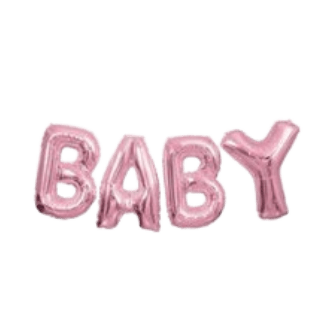 pink foil balloon banner spelling BABY baby shower decoration from Parte Haus party supply store in Bethesda MD