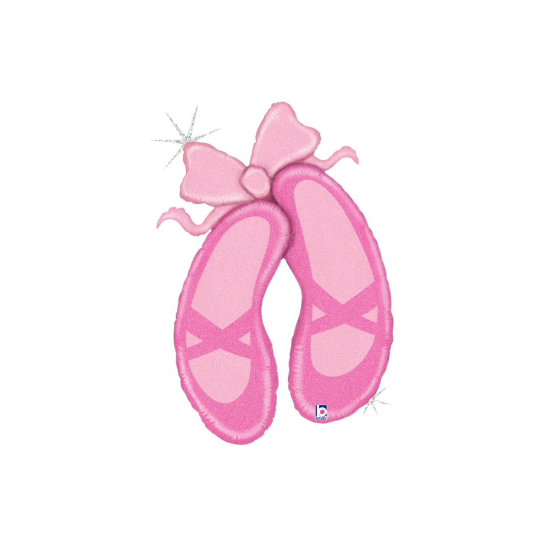 Pink 40in holographic ballet slippers foil balloon for birthday parties – from Parte Haus party supply store in Bethesda, Maryland.