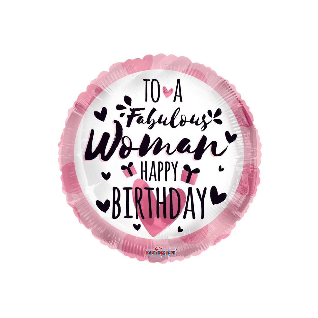 Pink and black 18in Fabulous Woman Happy Birthday foil balloon with hearts and gifts from Parte Haus in Bethesda, Maryland.