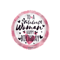 Pink black round foil balloon with hearts and birthday message for women birthday from Parte Haus party supply store in Bethesda Maryland