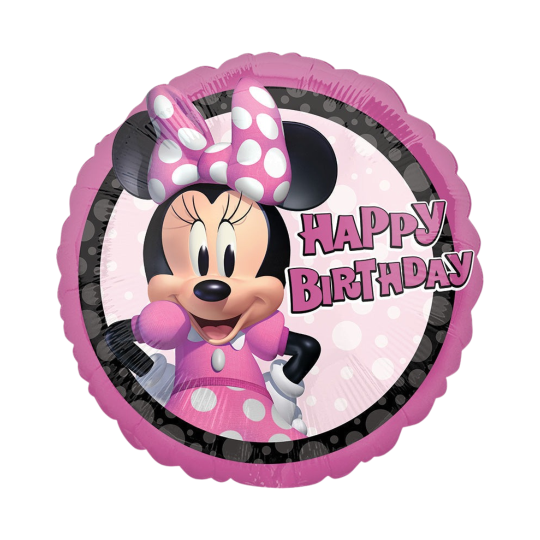 18in pink and black Minnie Mouse Happy Birthday foil balloon with polka dots from Parte Haus in Bethesda, Maryland.
