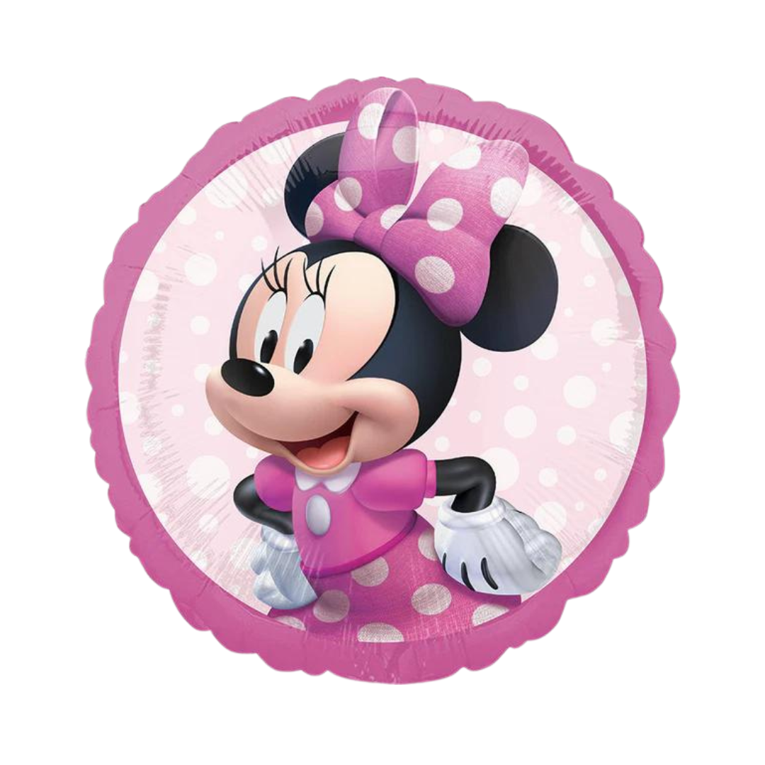 Pink and black 18in Minnie Mouse polka dot foil balloon for birthday parties – from Parte Haus party supply store in Bethesda, MD.
