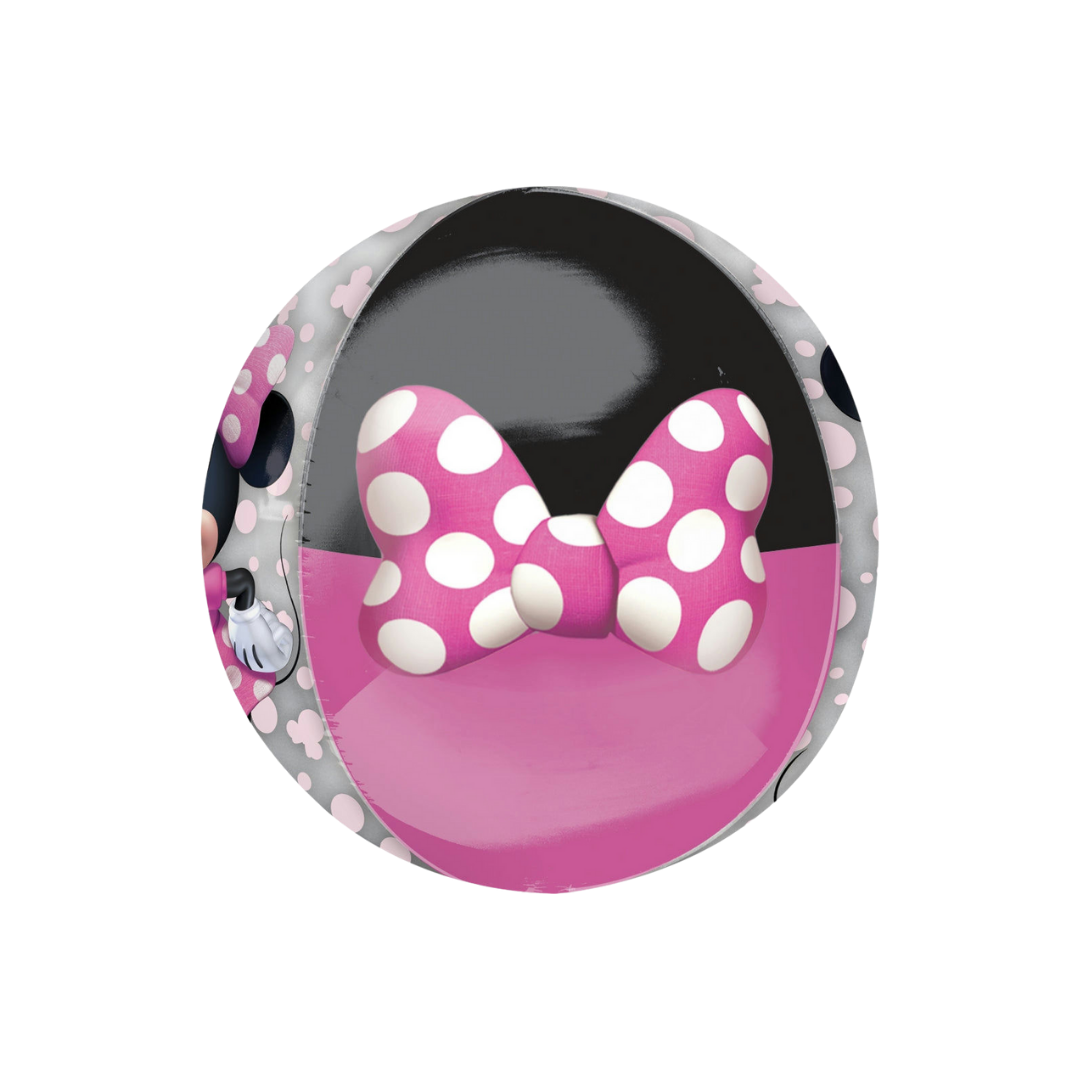 16in pink and black Minnie Mouse Orbz balloon with polka dot bow for Disney-themed birthdays from Parte Haus in Bethesda, Maryland.