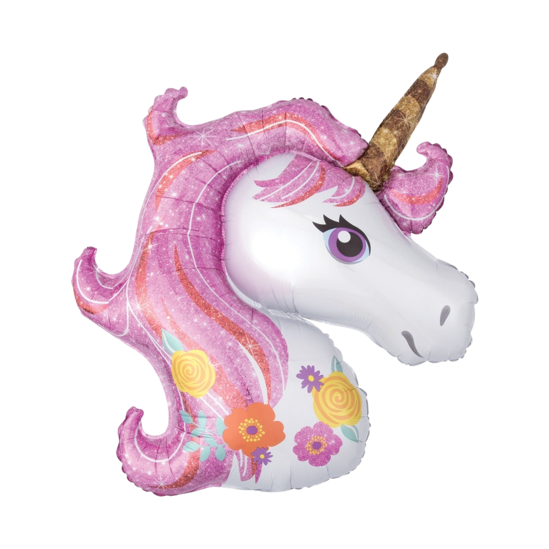 Pink floral unicorn foil balloon with gold horn for birthday from Parte Haus party supply store in Bethesda MD
