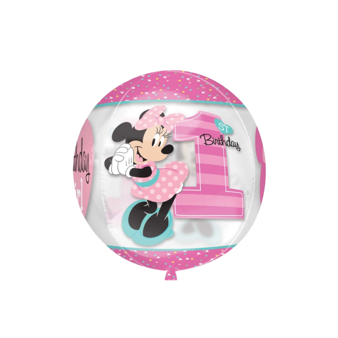 Pink 16in Minnie Mouse 1st birthday foil balloon for birthday parties – from Parte Haus party supply store in Bethesda, Maryland.