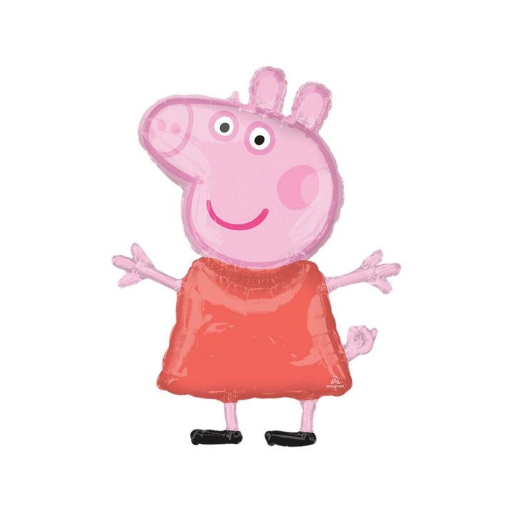 Pink 48in Peppa Pig foil balloon shaped like Peppa in a red dress – from Parte Haus party supply store in Bethesda, Maryland.