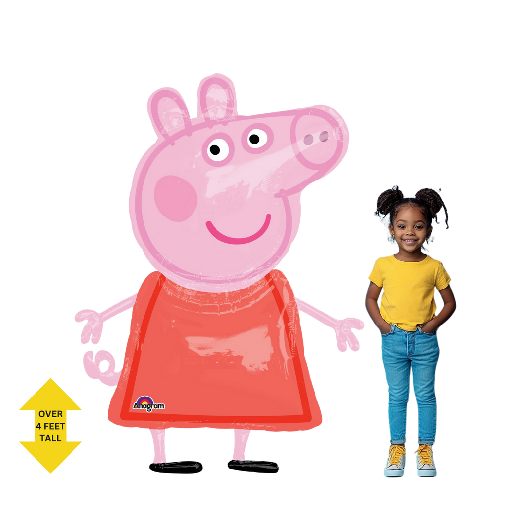 Pink Peppa Pig foil balloon over four feet tall for kids birthday from Parte Haus party supply store in Bethesda MD