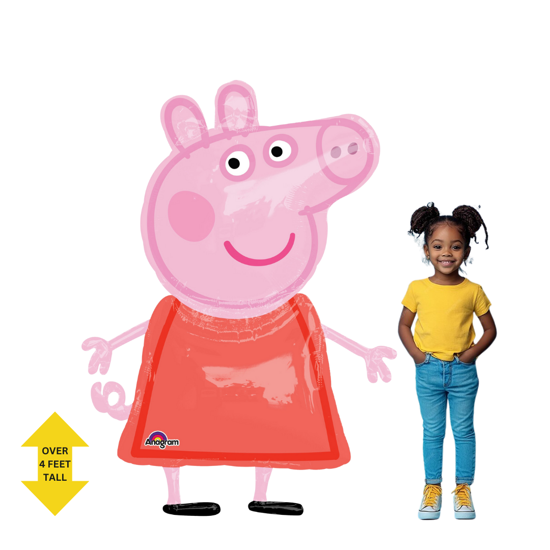 Pink Peppa Pig foil balloon over four feet tall for kids birthday from Parte Haus party supply store in Bethesda MD