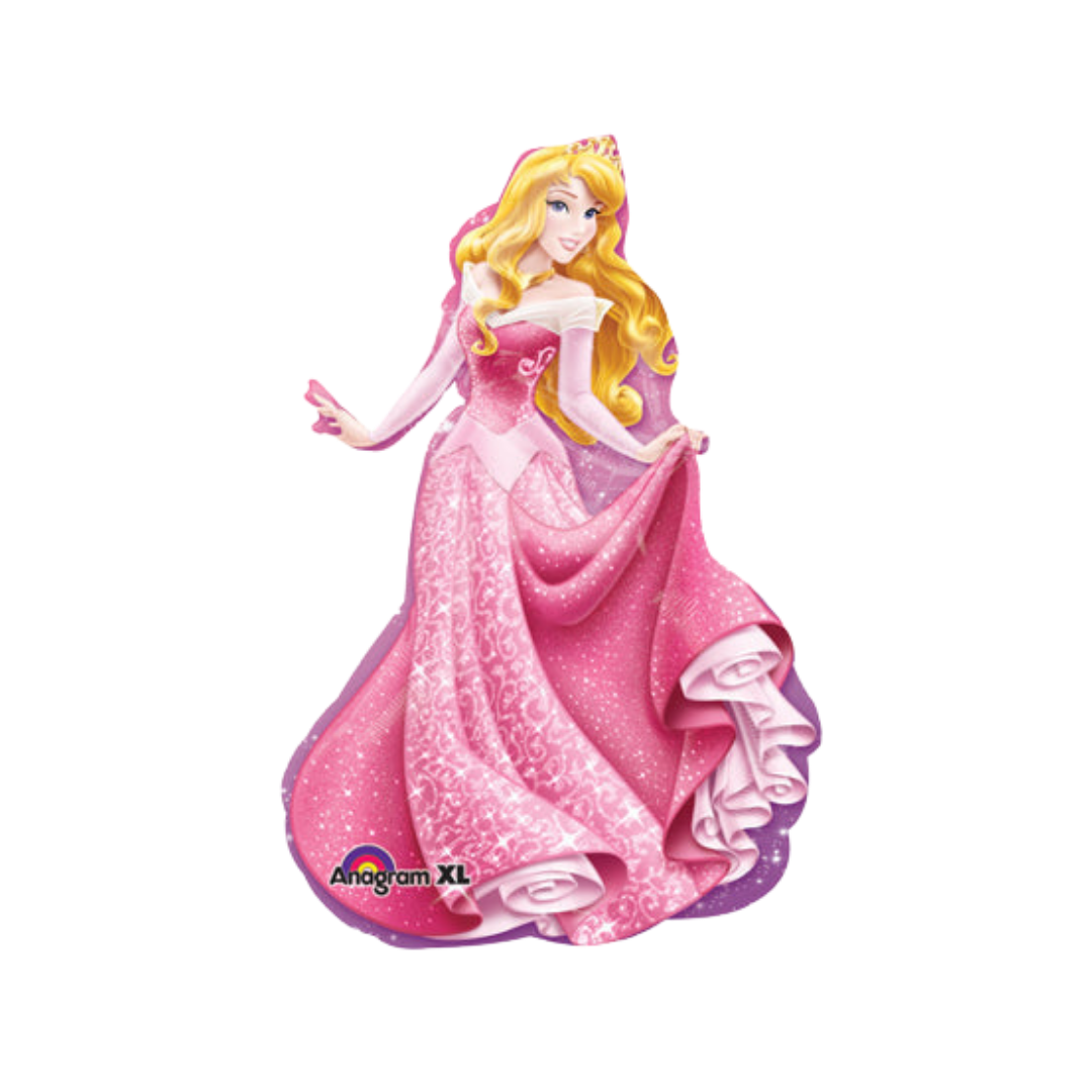 Pink princess foil balloon shaped like Sleeping Beauty for birthday celebration from Parte Haus party supply store in Bethesda MD.
