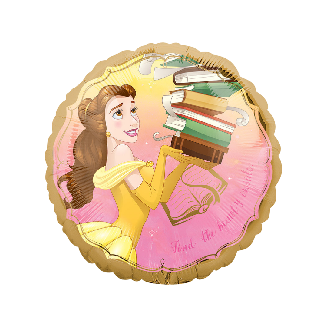 18in pink and gold Belle Beauty and the Beast foil balloon with books from Parte Haus party supply store in Bethesda, Maryland.