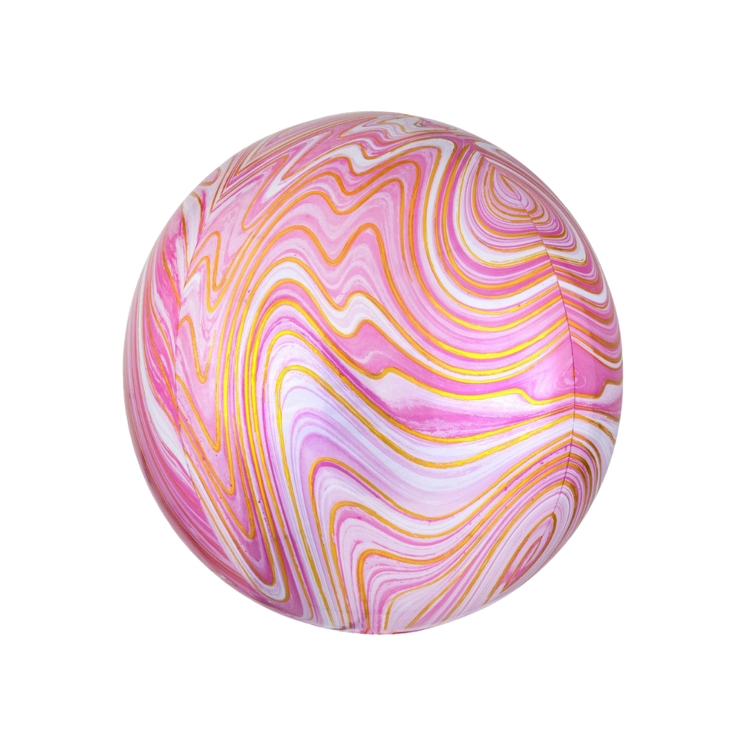 Pink and gold 16in marble orbz foil balloon for birthday parties – from Parte Haus party supply store in Bethesda, Maryland.