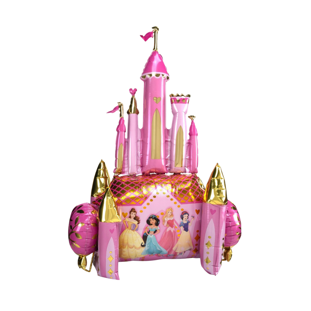 Pink gold princess castle foil balloon with princess characters for birthday party from Parte Haus party supply store in Bethesda MD