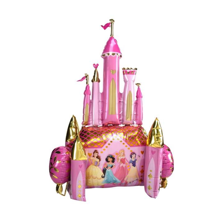 Pink and gold 55in princess castle foil balloon with Belle, Jasmine, Aurora, and Snow White – from Parte Haus party supply store in Bethesda, Maryland.