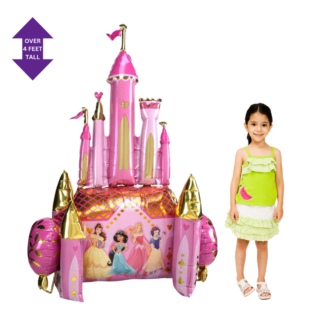 Pink gold princess castle foil balloon with princess imagery birthday theme from Parte Haus party supply store in Bethesda MD