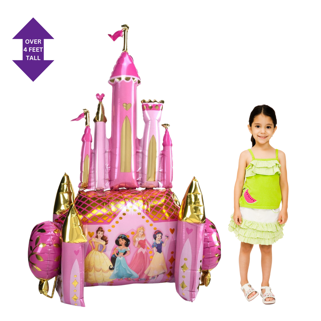 Pink and gold princess castle 55in foil balloon for royal birthday or princess party décor – from Parte Haus party supply store in Bethesda, MD.