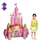 Pink gold princess castle foil balloon with princess imagery birthday theme from Parte Haus party supply store in Bethesda MD