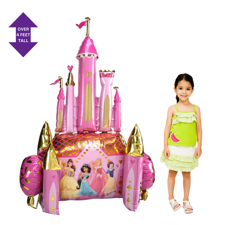 Pink and gold princess castle 55in foil balloon for royal birthday or princess party décor – from Parte Haus party supply store in Bethesda, MD.
