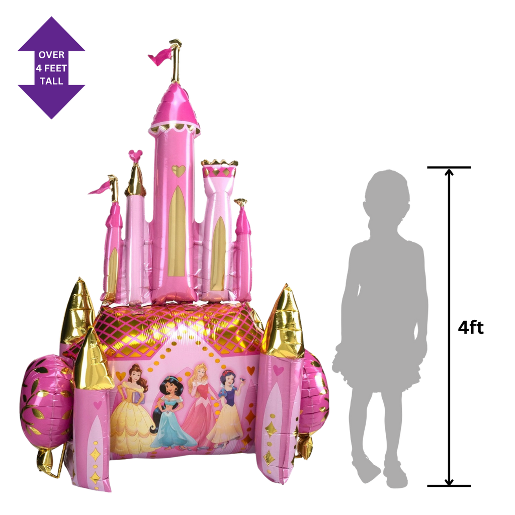 Pink gold princess castle foil balloon with princess characters for birthday at Parte Haus party supply store in Bethesda Maryland