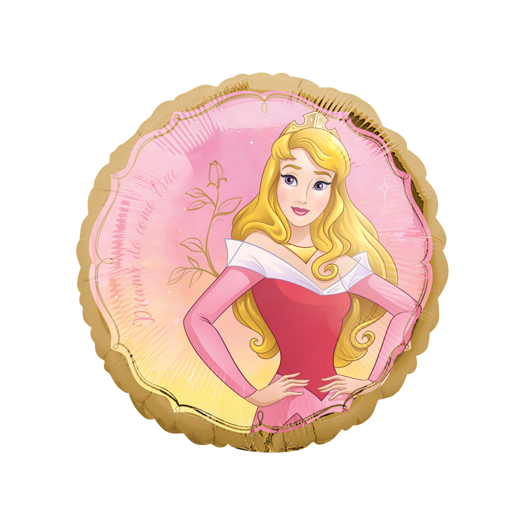 18in pink and gold Sleeping Beauty Aurora foil balloon in pink gown from Parte Haus party supply store in Bethesda, MD.