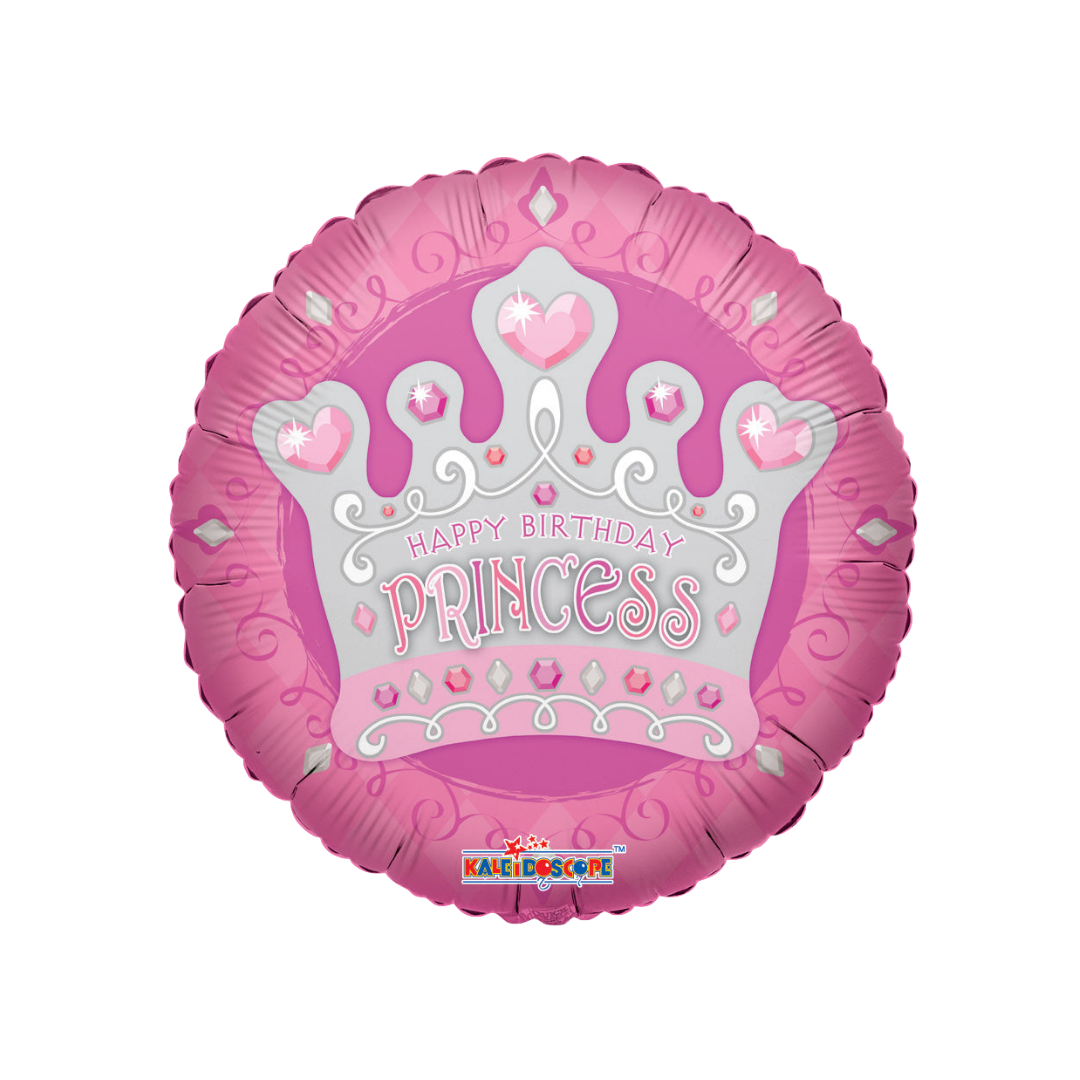 Pink gray tiara foil balloon with happy birthday princess crown theme from Parte Haus party supply store in Bethesda Maryland