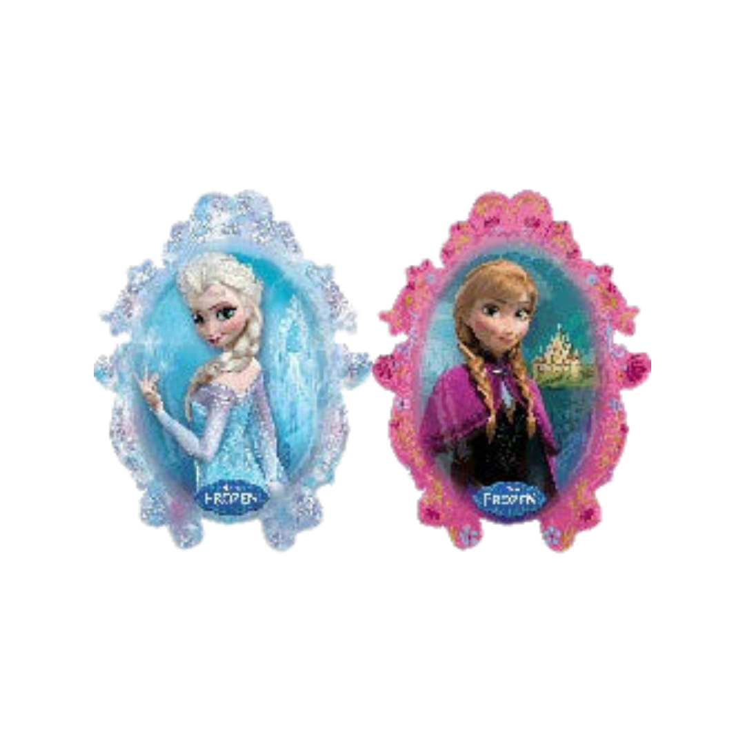 pink icy blue Frozen Elsa Anna foil balloon with princess images birthday theme from Parte Haus party supply store in Bethesda MD