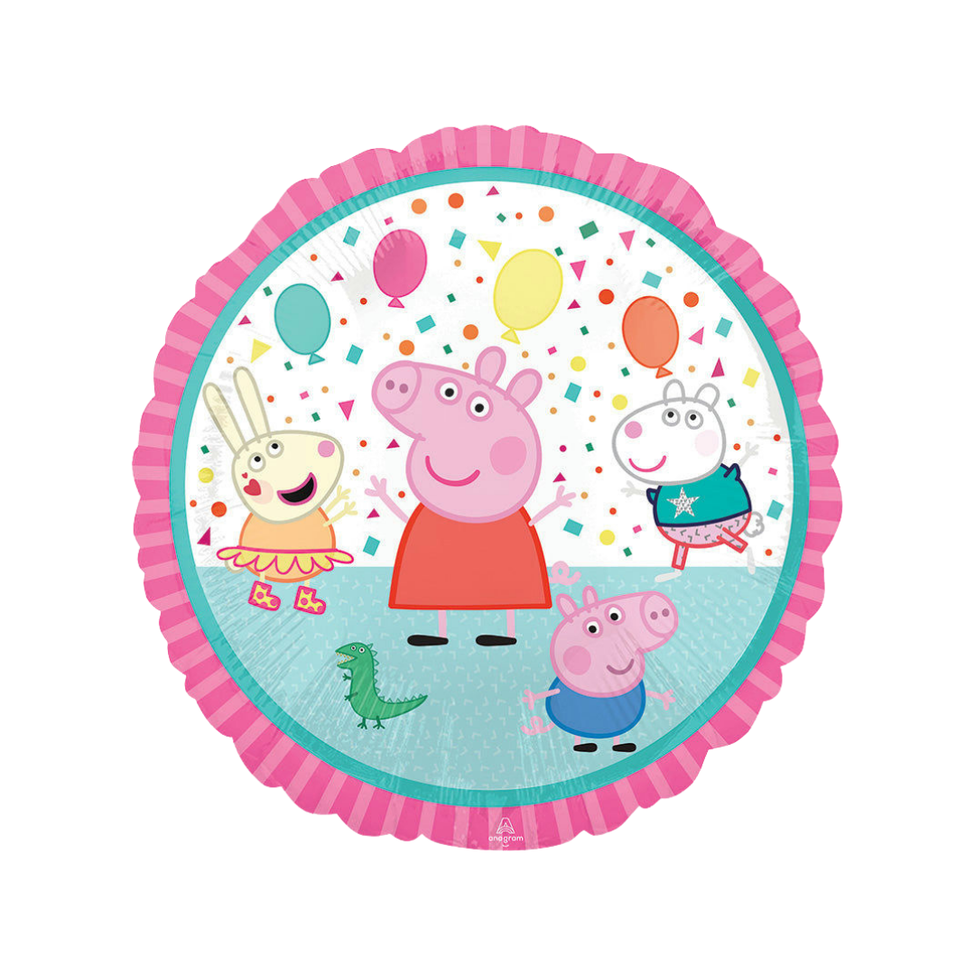 18in pink and light blue Peppa Pig foil balloon with party scene for birthday celebrations – from Parte Haus party supply store in Bethesda, MD.