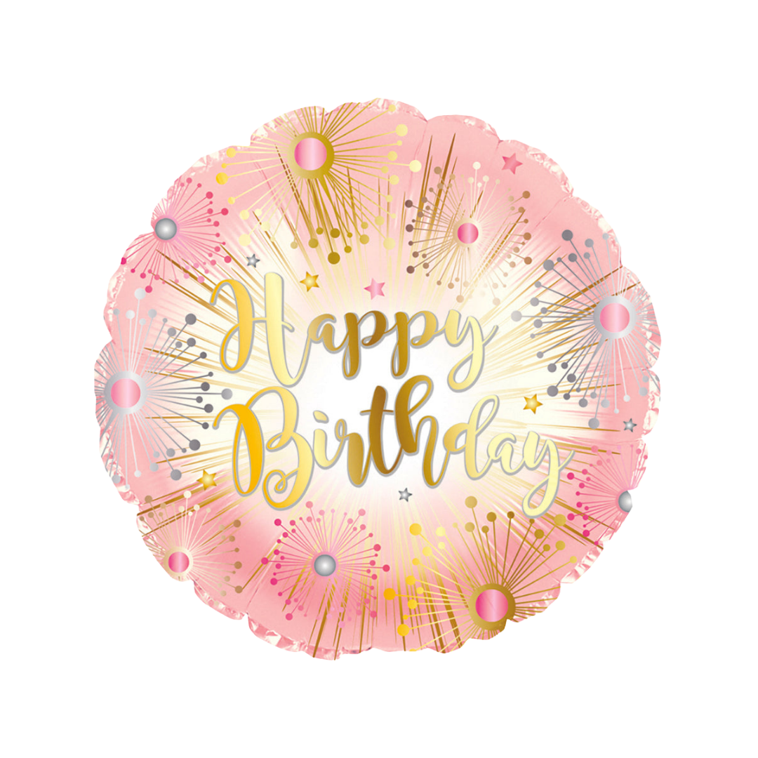 17in pink and metallic gold Happy Birthday foil balloon with sparkling bursts – from Parte Haus party supply store in Bethesda, MD.