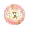 Pink and gold metallic Happy Birthday foil balloon with starburst design birthday from Parte Haus party supply store in Bethesda MD