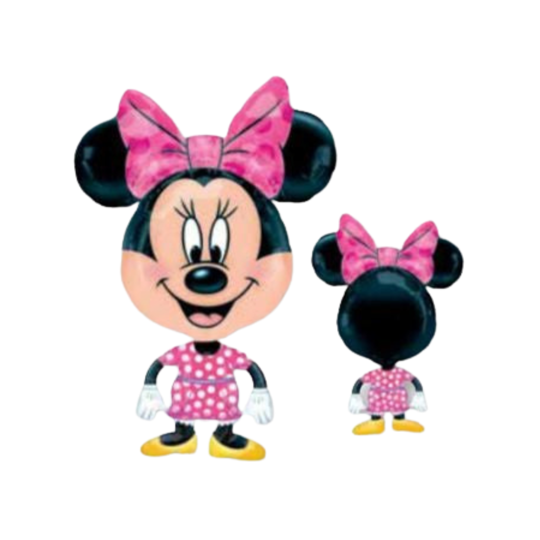 Pink 30in Minnie Mouse big head foil balloon with polka-dot dress and bow for birthday parties – from Parte Haus party supply store in Bethesda, Maryland.