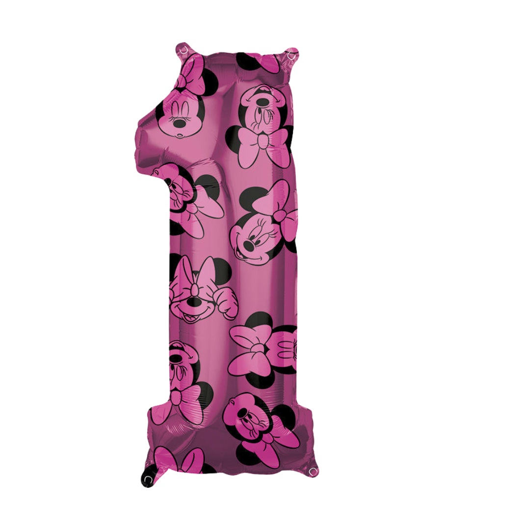 Pink 26in Minnie Mouse number 1 foil balloon for birthday parties from Parte Haus party supply store in Bethesda, MD.